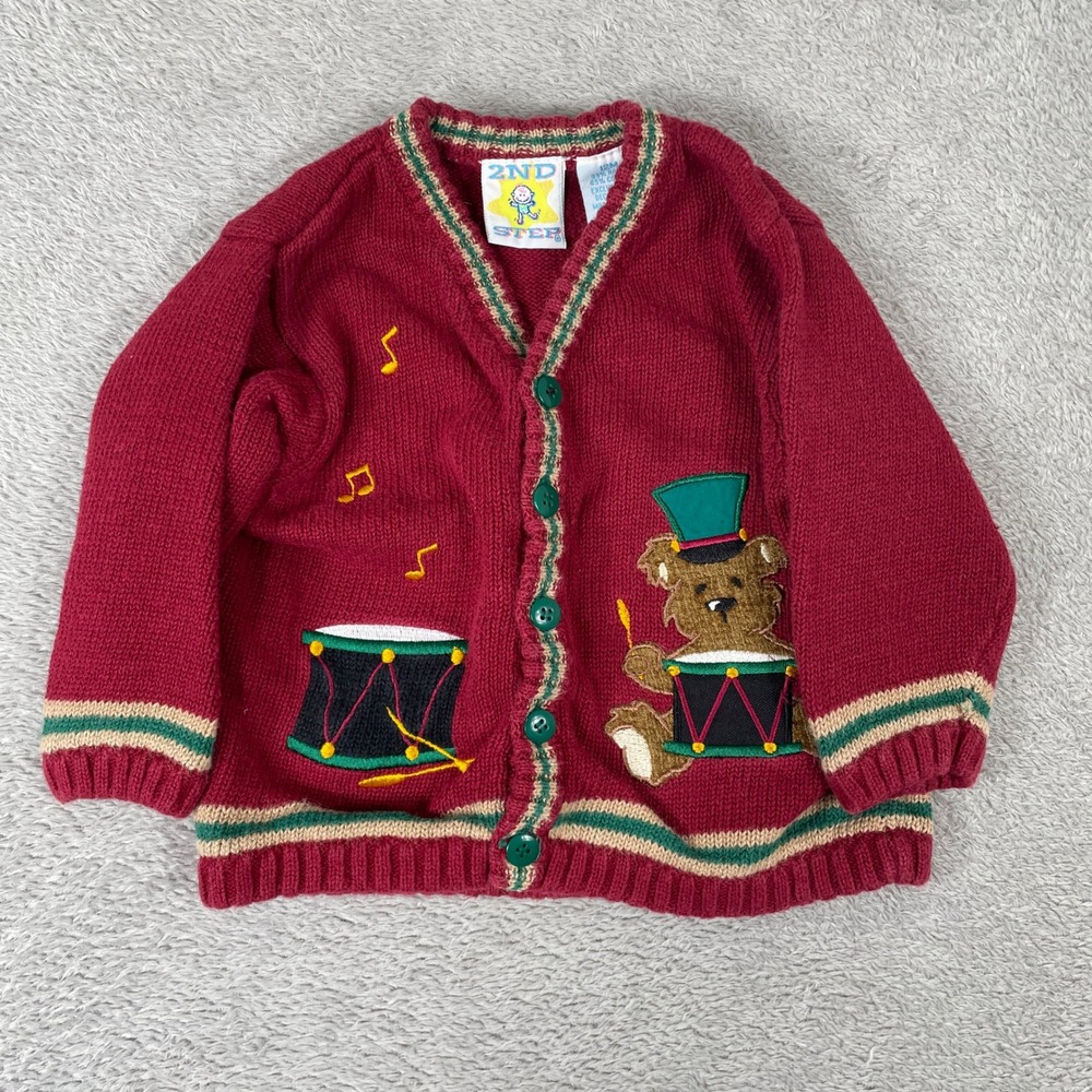 Vintage 2nd Step Cardigan‎ Sweater Kids 12M Red Teddy Bear Drum Musical 90s Knit